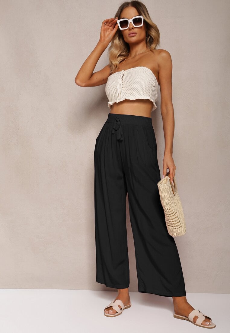 Czarne Spodnie z Bawełny o Kroju Alladynek High Waist Wykończone Gumką w Talii Rissalis