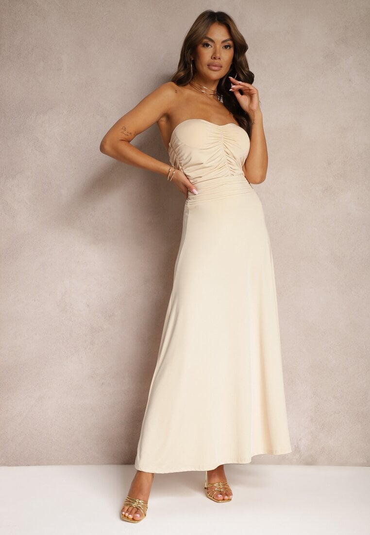 Beżowa Rozkloszowana Spódnica High Waist z Marszczeniem w Pasie Nolisea