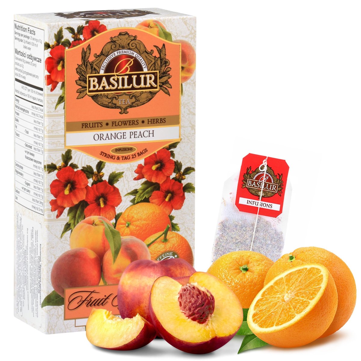 BASILUR Fruit Infusions Owocowa herbata bezkofeinowa z aromatem pomarańczy, brzoskwini i cytryny 25x2g x1