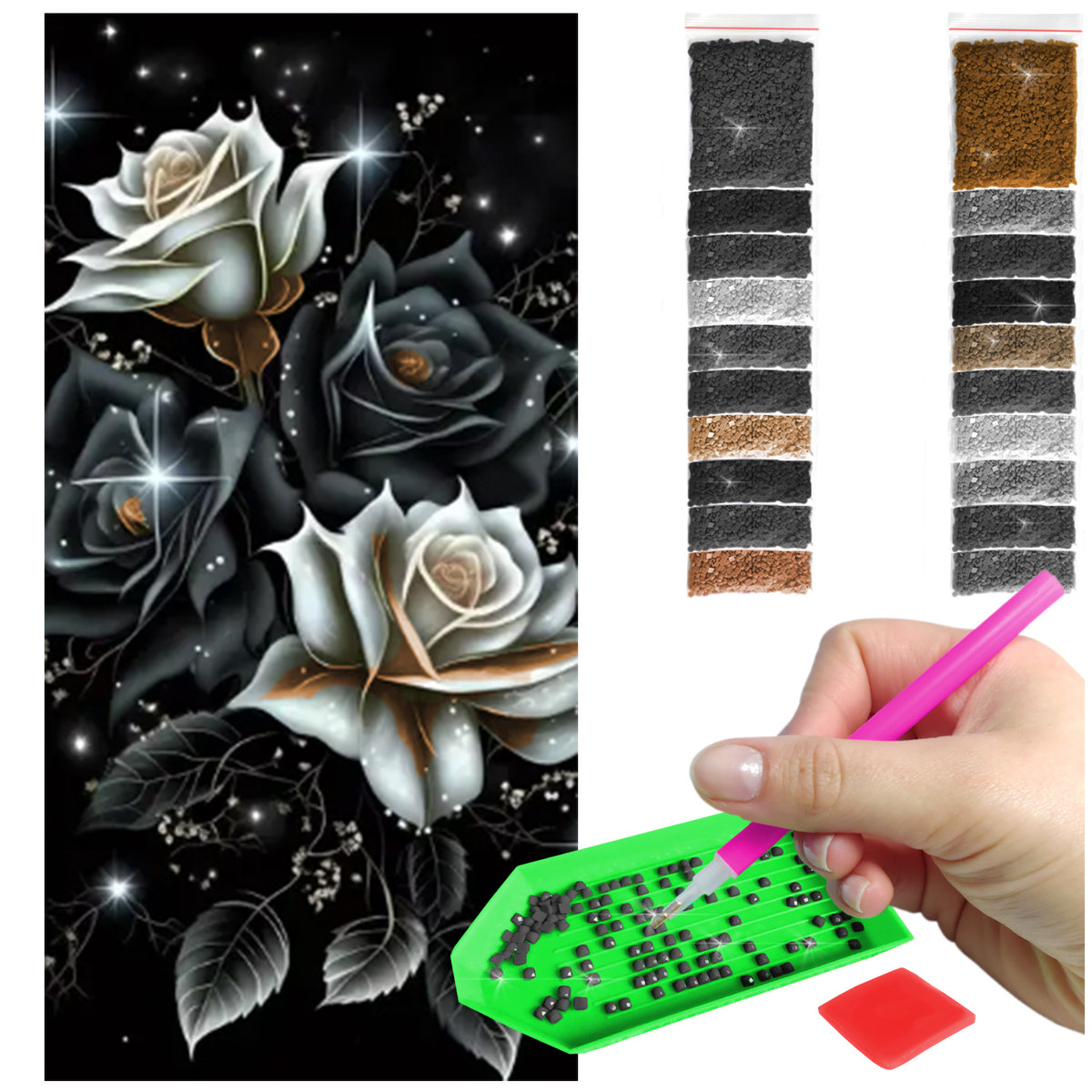 HAFT DIAMENTOWY KWADRATOWE 40×80 – CZARNO-BIAŁE RÓŻE