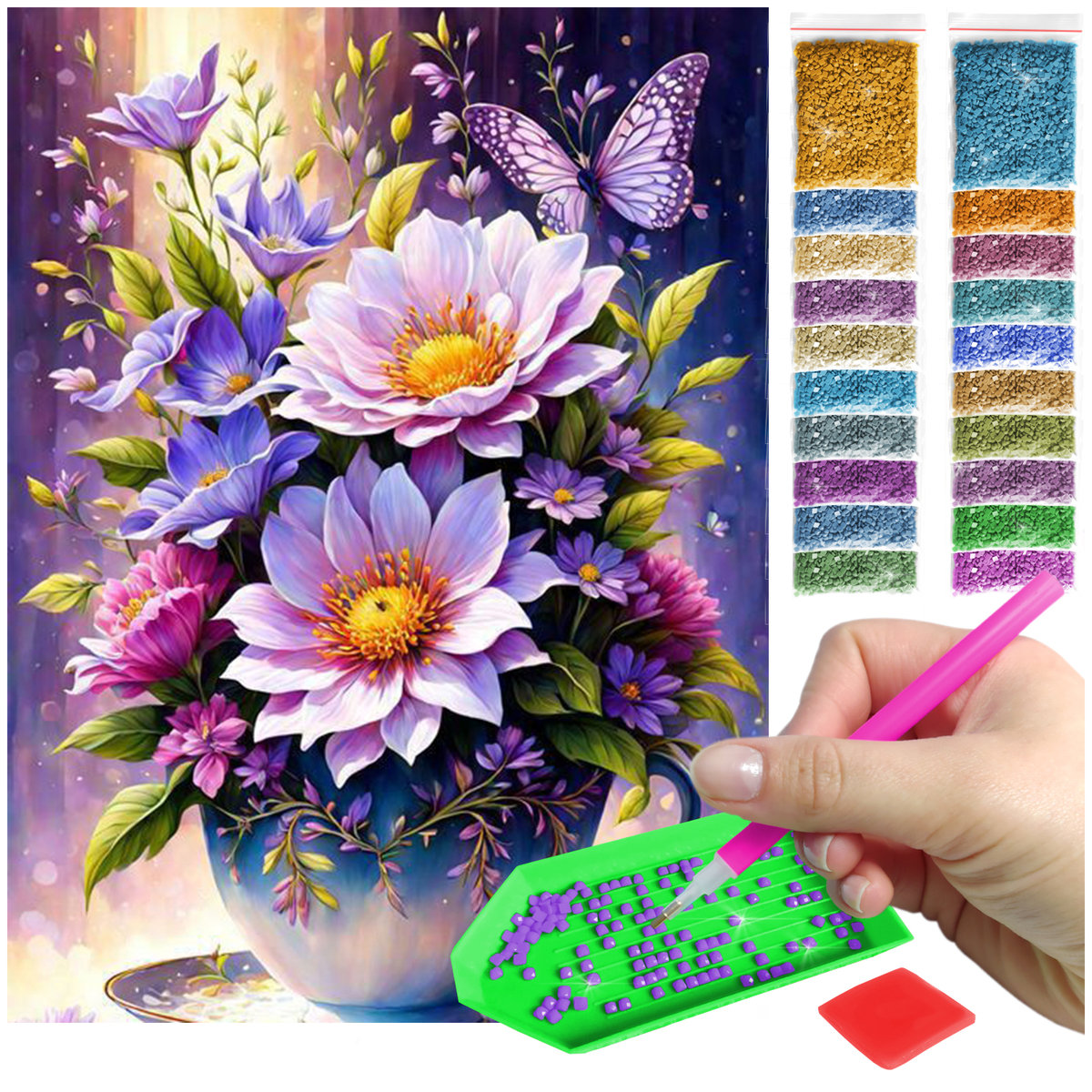 HAFT DIAMENTOWY 30x40 – FIOLETOWE KWIATY W WAZONIE | KWADRATOWE DIAMENTY