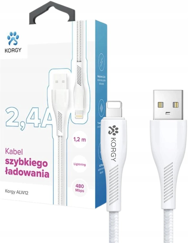 Kabel w oplocie Korgy USB-A - iPhone 1.2m biały Szybkie ładowanie 2,4A