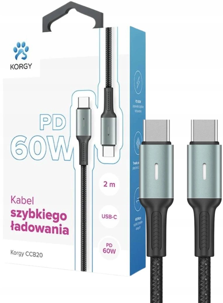 Kabel w oplocie nylonowym Korgy CCB20 USB-C - USB-C 2m Szybkie ładowanie