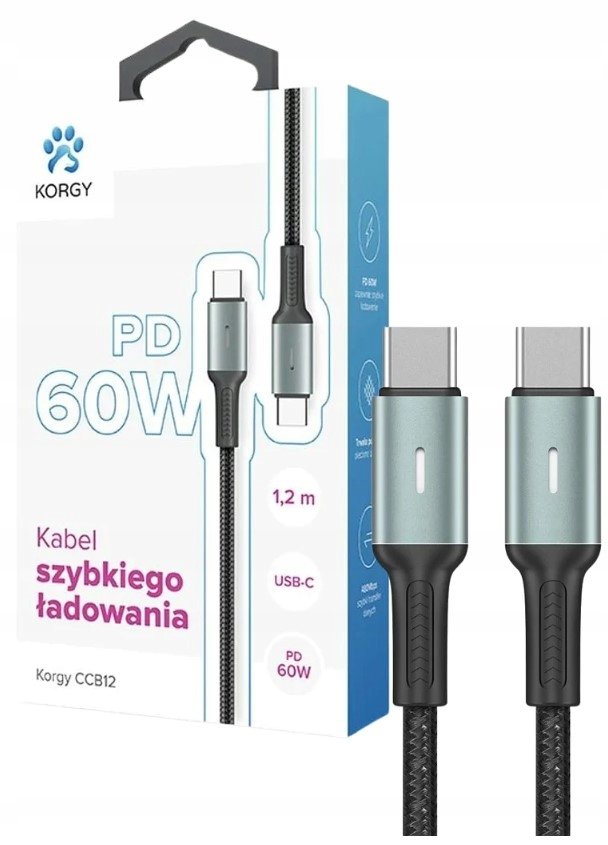 Kabel USB-C - USB-C Korgy CCB12 60W 1.2m Czarny Oplot nylonowy Dioda