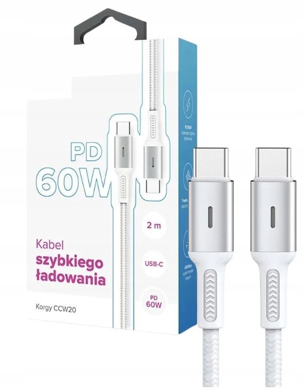 Kabel USB-C - USB-C Korgy CCW20 60W 2m Biały Oplot nylonowy Dioda ładowania