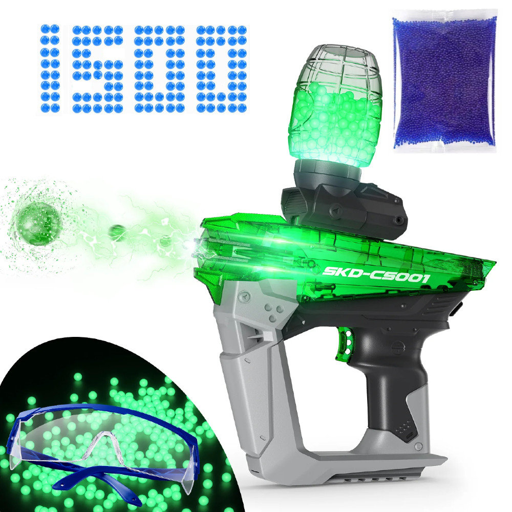 Pistolet na kulki żelowe automat zielony CS-001 święcące kulki 1500 kulek + okulary