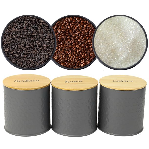 Pojemniki Zestaw 3szt Kawa Herbata Cukier Stal Nierdzewna Bambusowe Szare