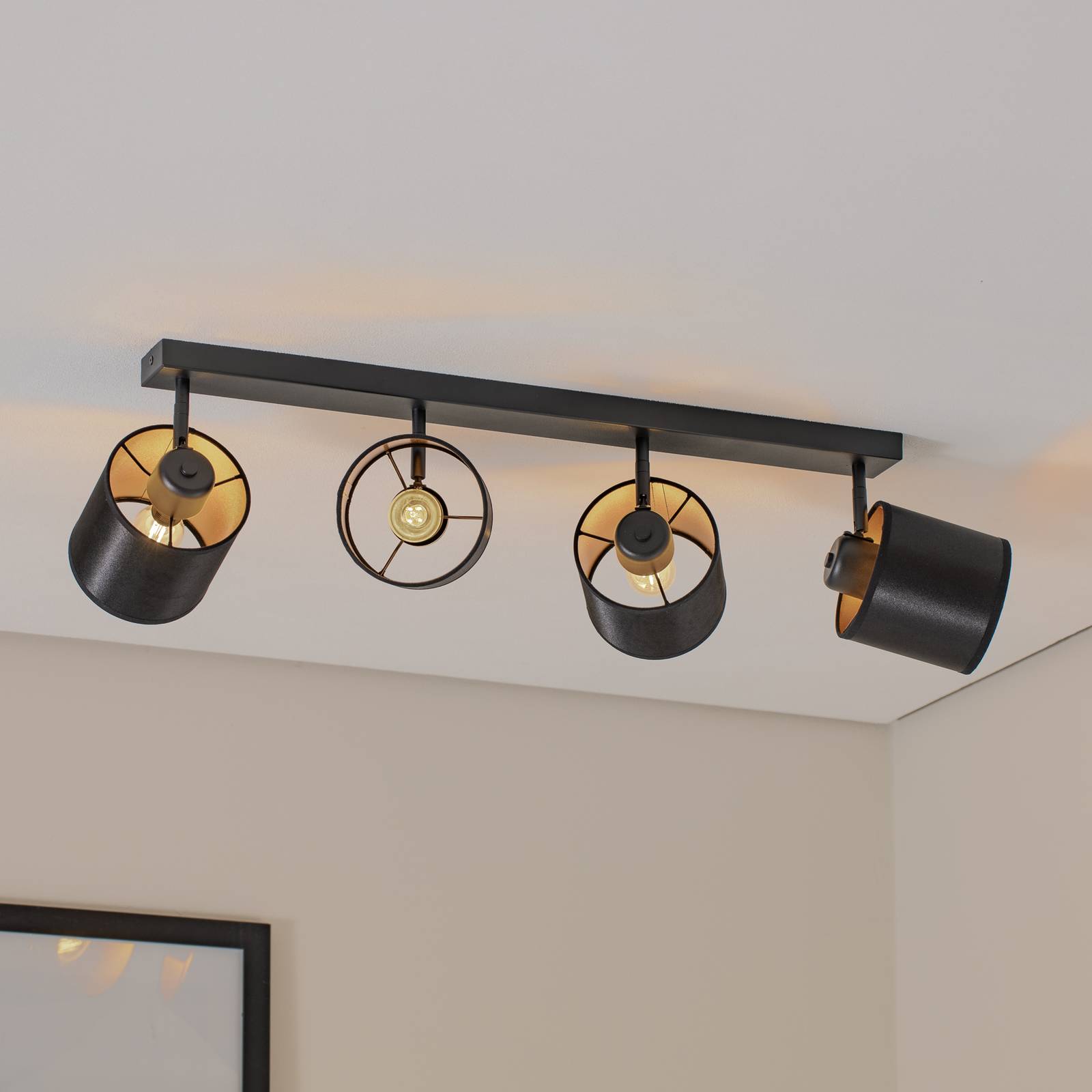 Lampa sufitowa Suerte, czarna / złota, 4-punktowa, tekstylna, stalowa Suerte Argon, możliwość ściemniania, czarny, salon / jadalnia, metal, nowoczesny