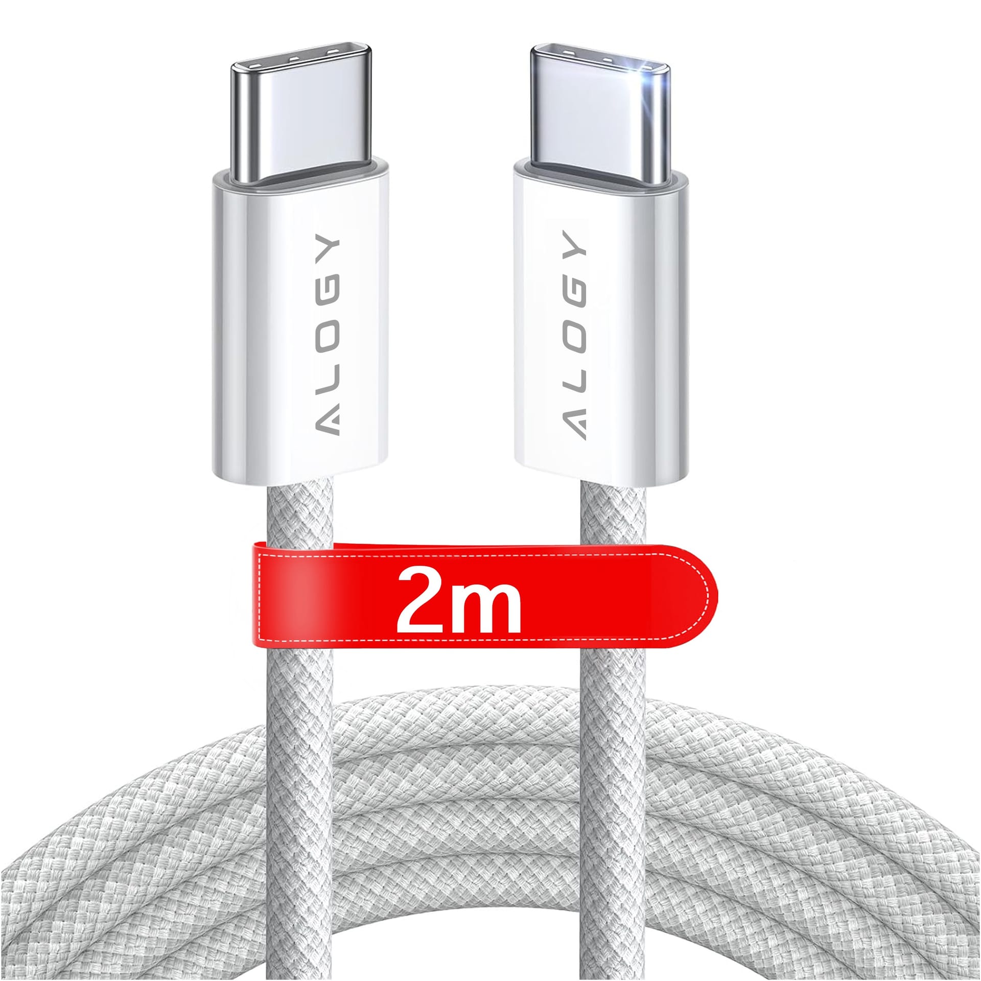 Kabel USB-C typ C mocny szybki PD 2M do iPhone 15 Alogy nylonowy przewód Biały