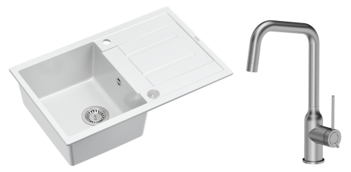 Quadron Unique Zlewozmywak granitowy jednokomorowy 78*50*22 cm z ociekaczem MORGAN 111 SNOW WHITE z syfonem Push-2-Open w kolorze stalowym z baterią NATALIE Q LINE kolor stal szczotkowana