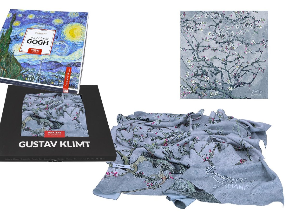 Chusta - V. van Gogh, Kwitnący Migdałowiec, srebrny (CARMANI)