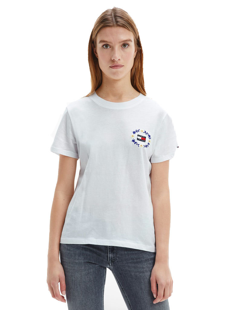TOMMY HILFIGER KOSZULKA DAMSKA T-SHIRT TJW REGULAR FLORAL BADGE TEE WHITE DW0DW11283 YBR - Rozmiar: XXS