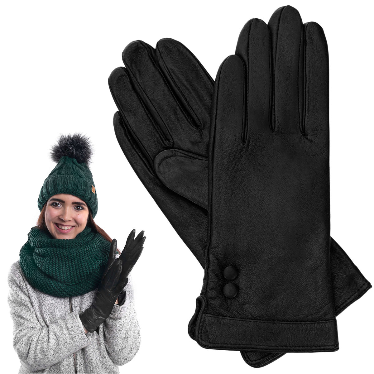 Rękawiczki Skórzane Damskie Ocieplane Guziki L - Rs-Prius-Guz-L