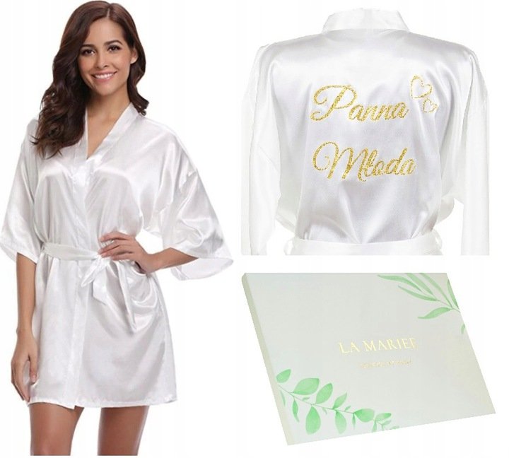 Szlafrok Satynowy Panna Młoda Biały Brokat L [74Wb]