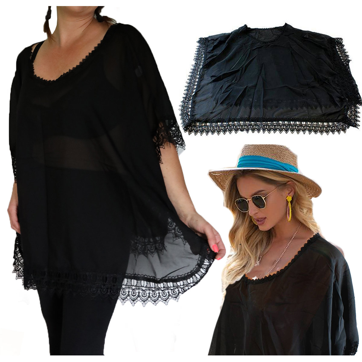 LETNIA SUKIENKA PLAŻOWA BOHO TUNIKA KORONKA PAREO CZARNA D570C