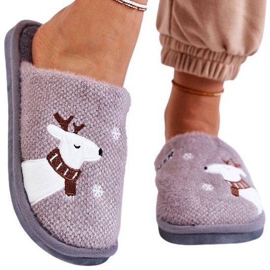 Kapcie Cieple Lekkie Damskie z Reniferem Motyw Zimowy Papcie Szare 36
