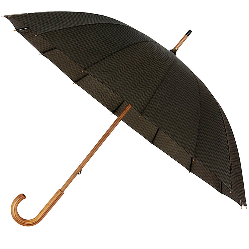 Wytrzymały Elegancki Parasol Falcone, 16 Brytów, Drewniana Rączka, Szaro Czarny  W Kratę