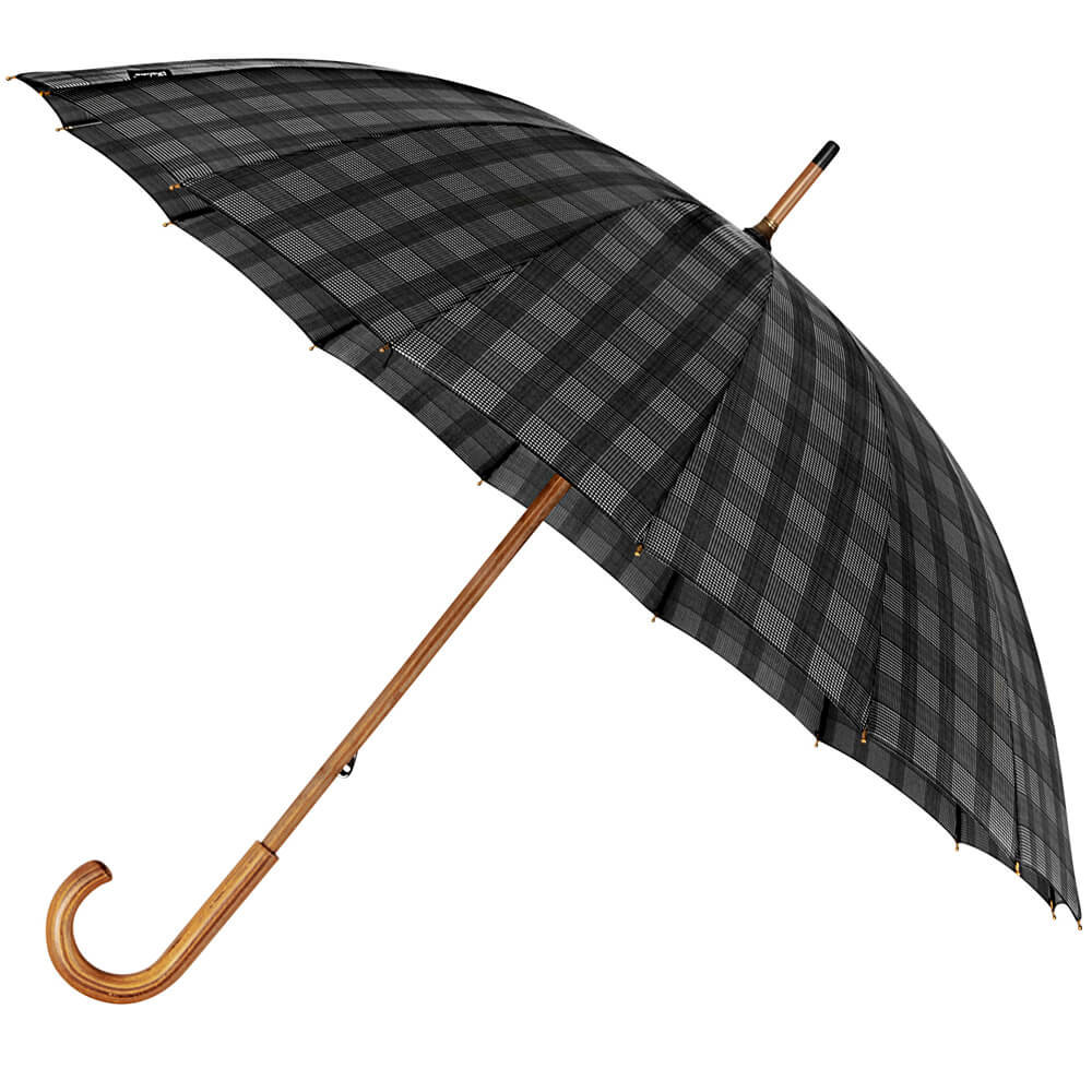 Wytrzymały Elegancki Parasol Falcone, 16 Brytów, Drewniana Rączka, Szary W Kratę