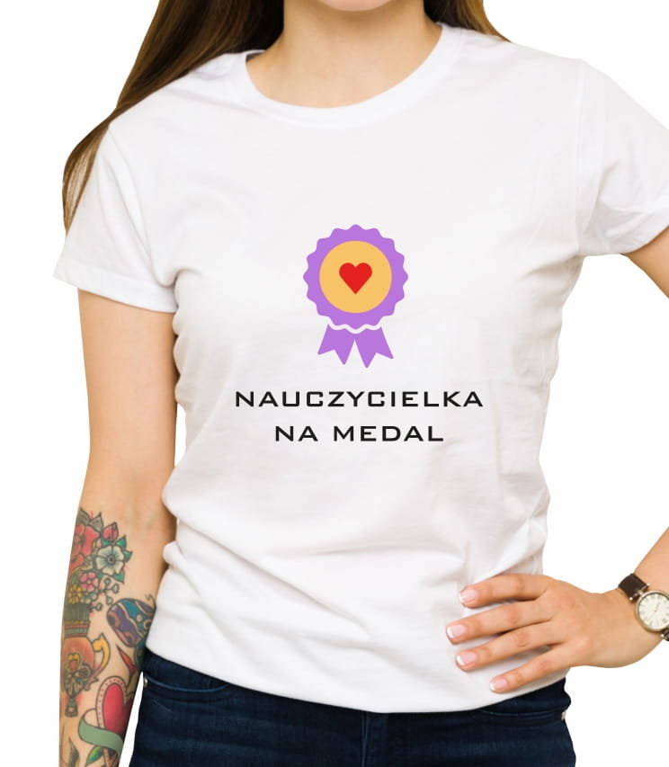 Koszulka Z Nadrukiem, Nauczycielka Na Medal, Dzień Nauczyciela, Damska, Biała, Rozmiar M