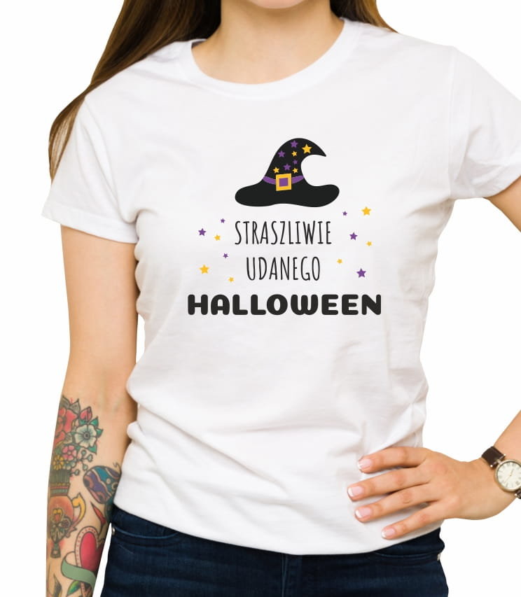 Koszulka Z Nadrukiem, Straszliwie Udanego Halloween, Damska, Biała, Rozmiar Xl