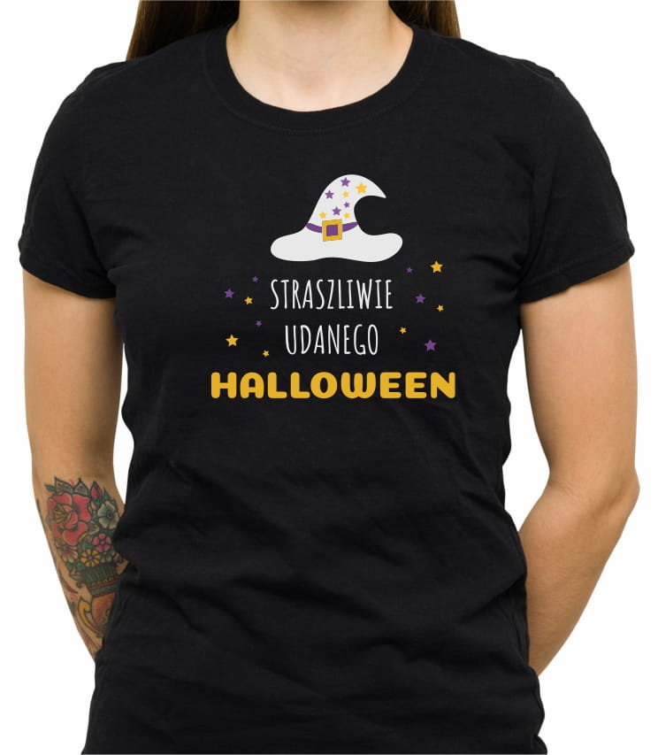Koszulka Z Nadrukiem, Straszliwie Udanego Halloween, Damska, Czarna, Rozmiar M
