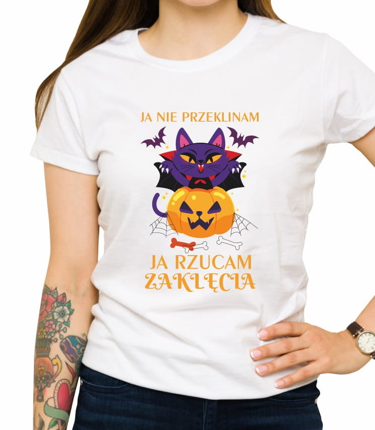 Koszulka Z Zabawnym Nadrukiem, Ja Rzucam Zaklęcia 02, Halloween, Damska, Biała, Rozmiar Xl
