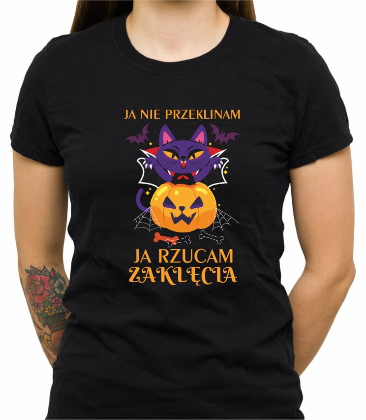 Koszulka Z Zabawnym Nadrukiem, Ja Rzucam Zaklęcia 02, Halloween, Damska, Czarna, Rozmiar Xl