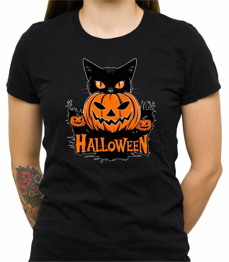Koszulka Z Nadrukiem Halloween, Damska, Czarna, Rozmiar L