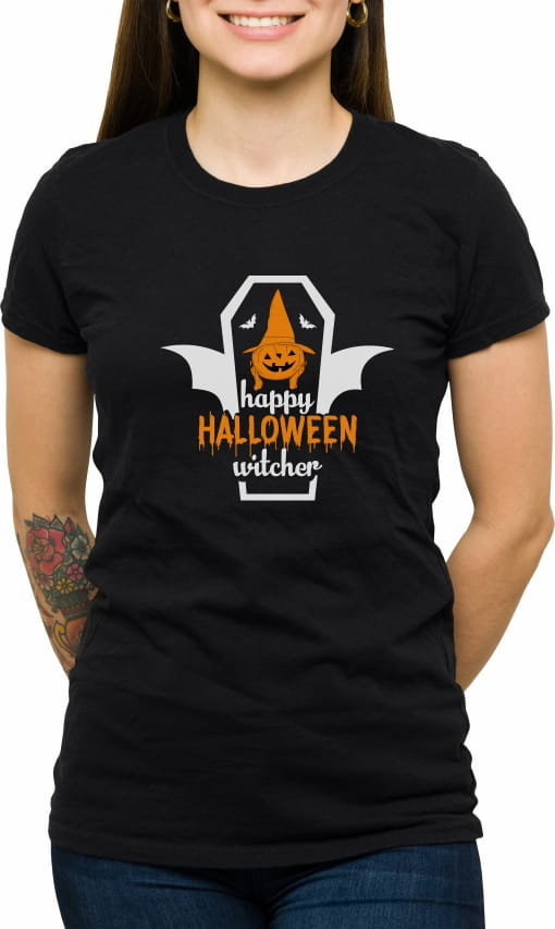 Koszulka Z Nadrukiem Happy Halloween, Damska, Czarna, Rozmiar Xl