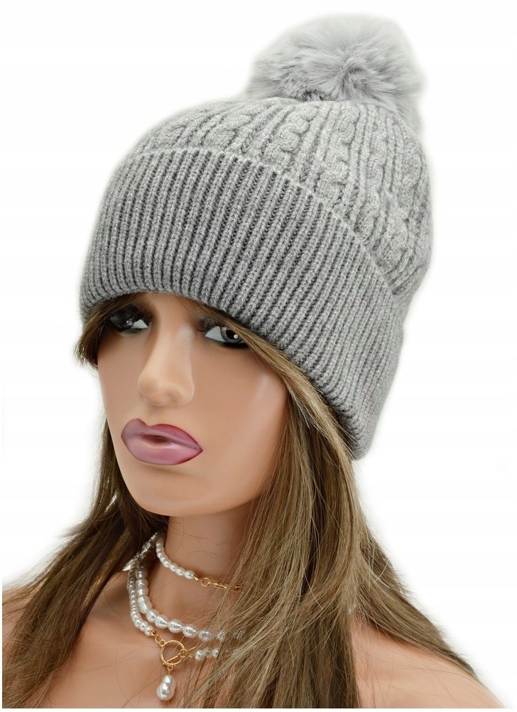 Damska CZAPKA ZIMOWA z POMPONEM Szara WYGODNA Miękka i Elastyczna