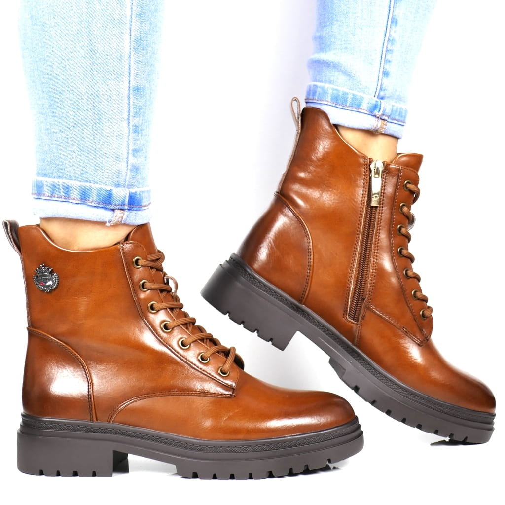 Damskie Botki Trapery Ocieplane Potocki 12203 Brązowe Camel Licowe