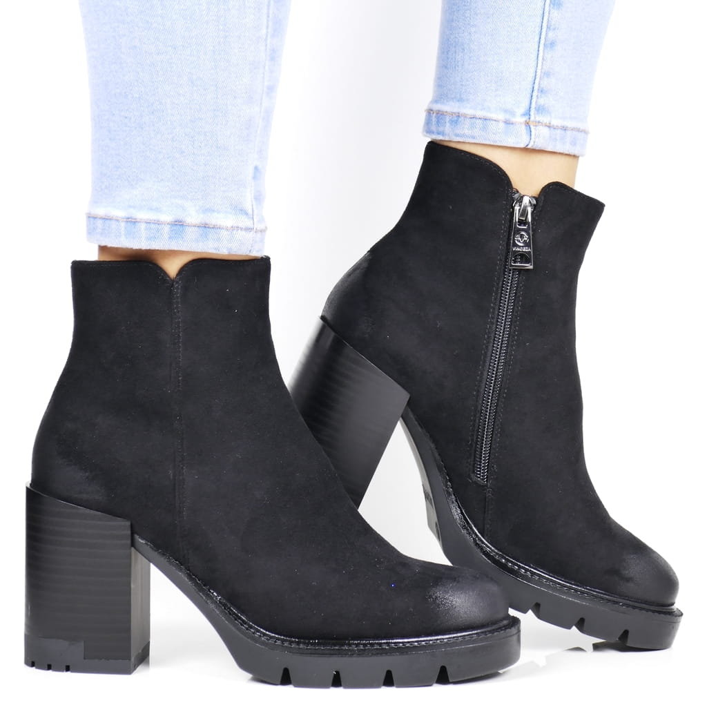 Damskie Botki Na Słupku Klocku Vinceza 58102 Czarne Zamszowe