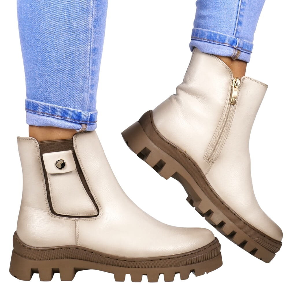 Damskie Botki Trapery Z Kieszonką Ocieplane Potocki 12167 Beżowe Licowe