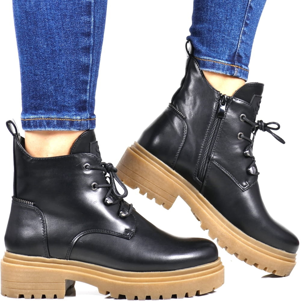 Damskie Trapery Botki Na Traperowej Podeszwie Sergio Leone Tr769 Czarne Licowe