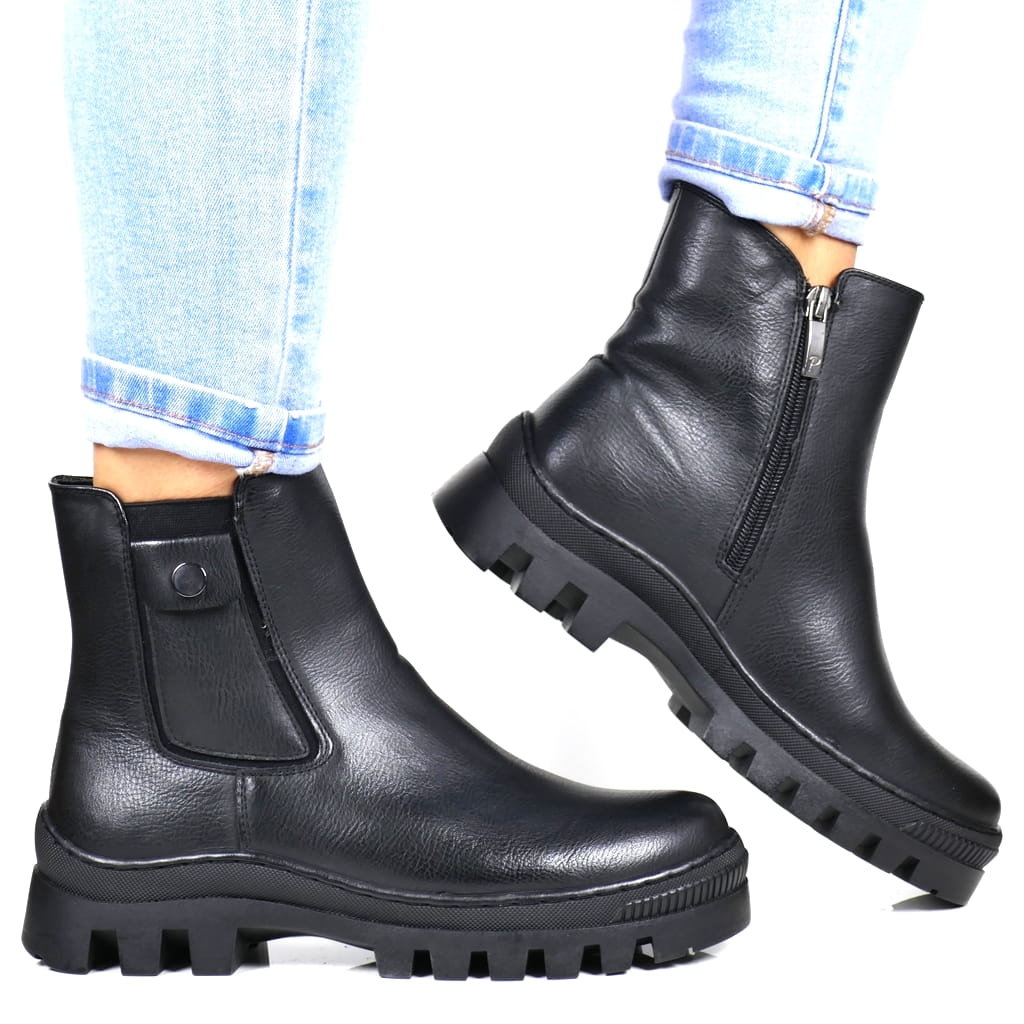 Damskie Botki Trapery Z Kieszonką Ocieplane Potocki 12167 Czarne Licowe