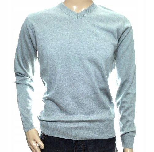 Sweter męski szary gładki wełniany w szpic serek z wełny niegryzący XXL 2XL