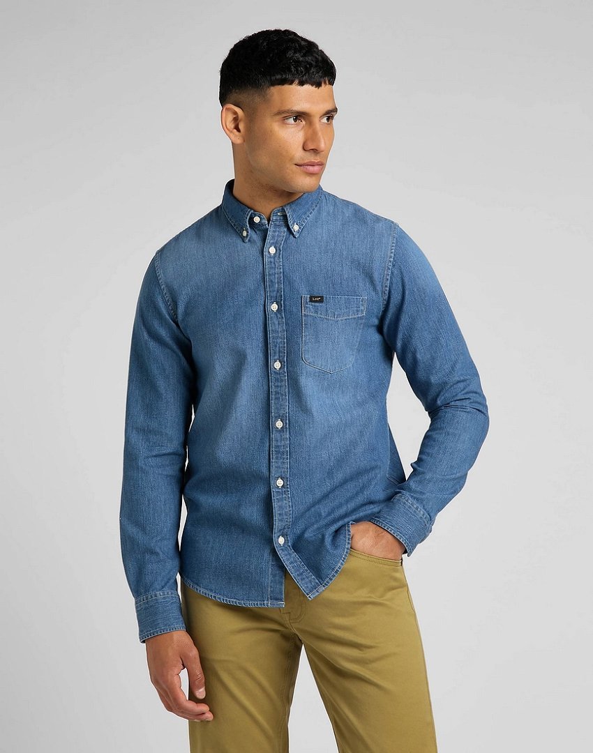 Lee Button Down Męska Koszula Jeansowa Tide Blue L880Cuqk-5Xl