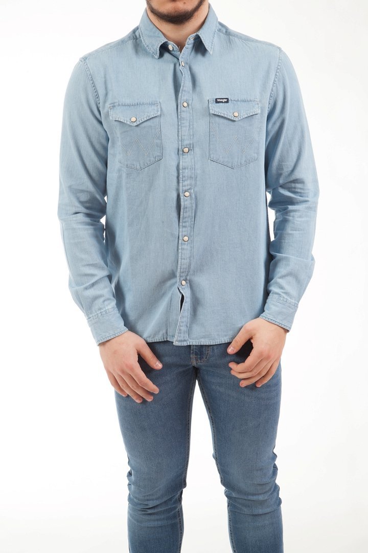 Wrangler Ls Denim Shirt Męska Koszula Jeansowa Logo Light Indigo W5M7C3X4E-S