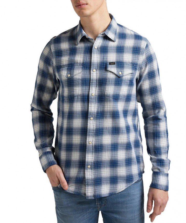 Lee Clean Reg Western Męska Koszula W Kratę Długi Rękaw Washed Blue L66Roalr-M