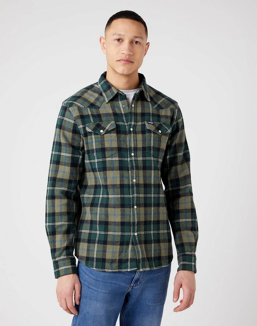 Wrangler Western Shirt Męska Koszula W Kratę Długi Rękaw Logo Deep Lichen W5B4Cmx1X-4Xl