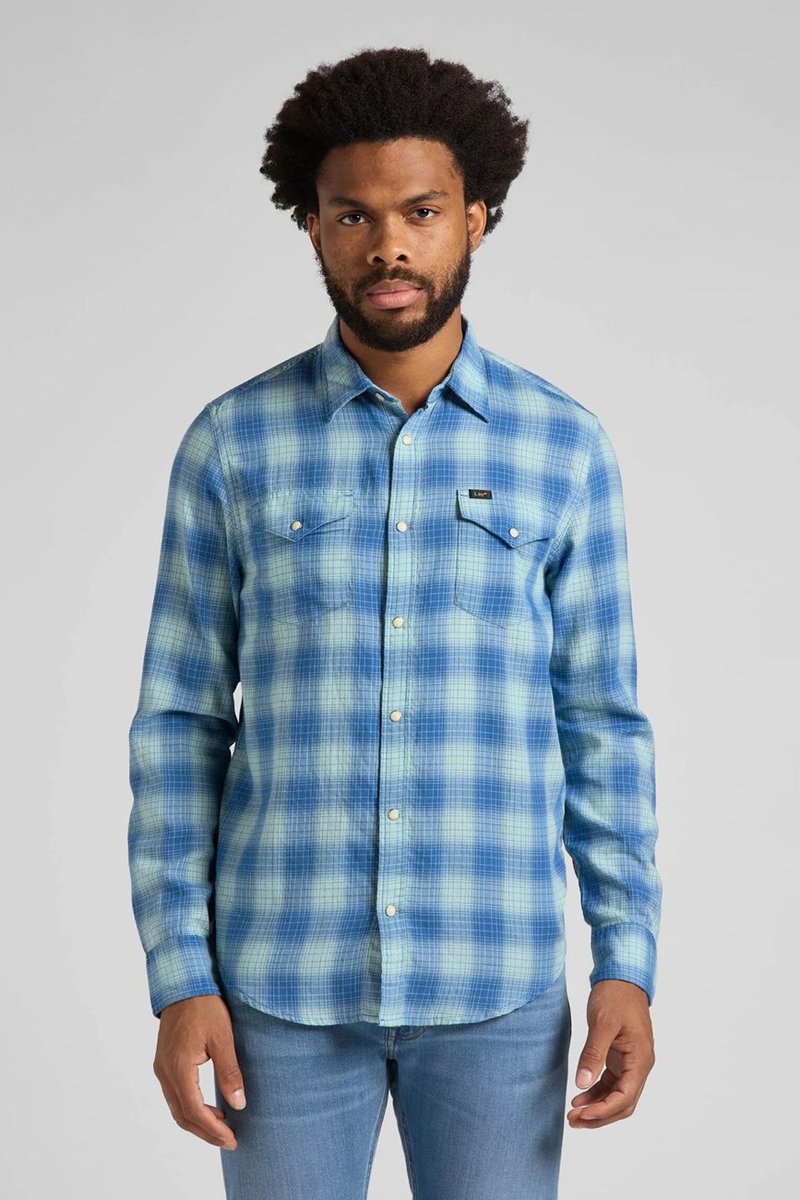 Lee Clean Reg Western Męska Koszula W Kratę Długi Rękaw Logo Mint Blue L66Roaud-M