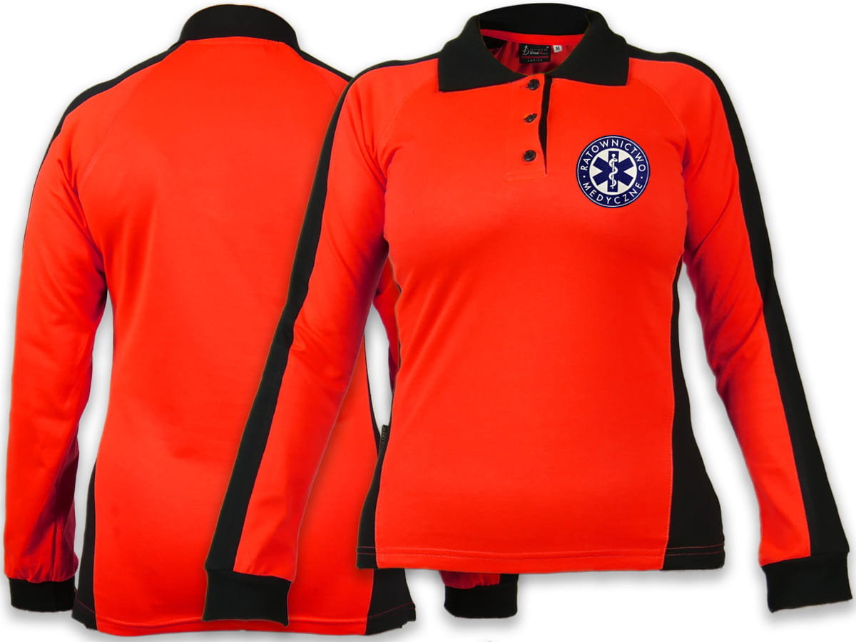 Koszulka Polo FLUO damska RATOWNICTWO MEDYCZNE niebieskie logo z długim rękawem