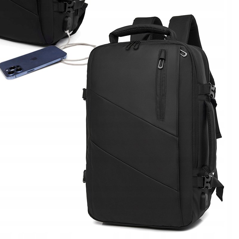 Plecak Męski Miejski Elegancki Czarny Duży Szkolny Biurowy Usb Laptopa 32L