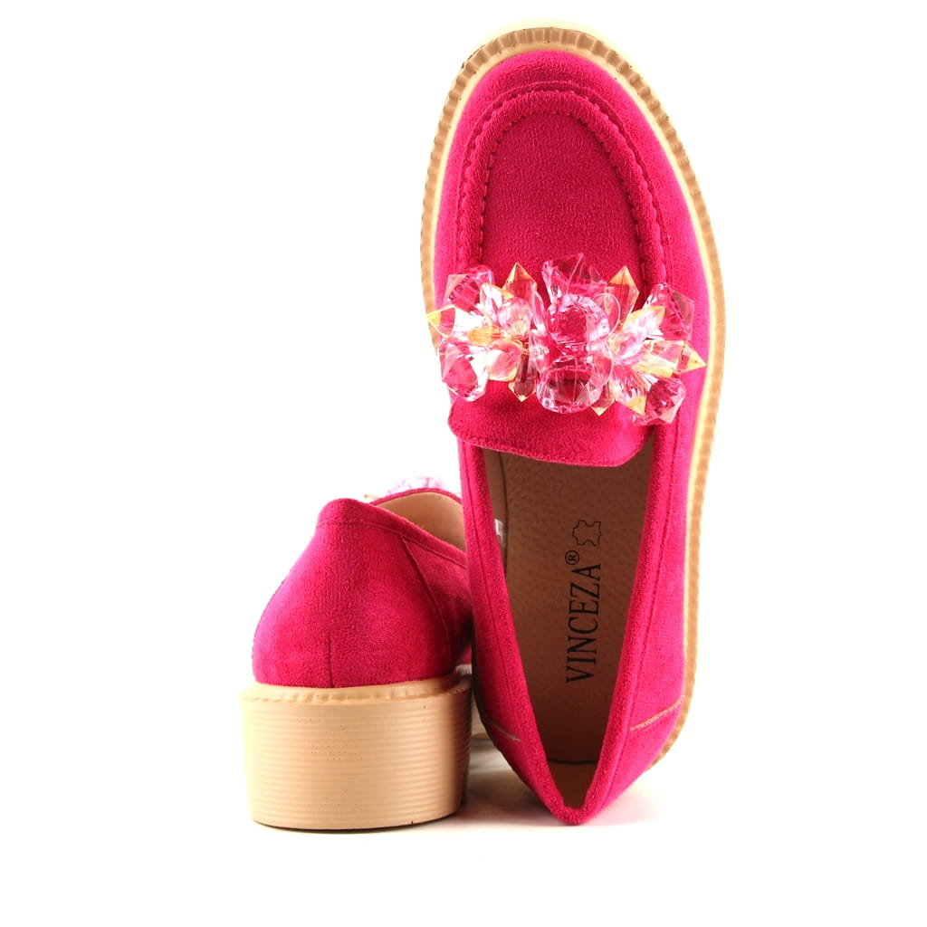 Damskie Mokasyny Na Grubej Podeszwie Z Ozdobnymi Diamentami Vinceza 10863 Fuksja Różowe Zamszowe