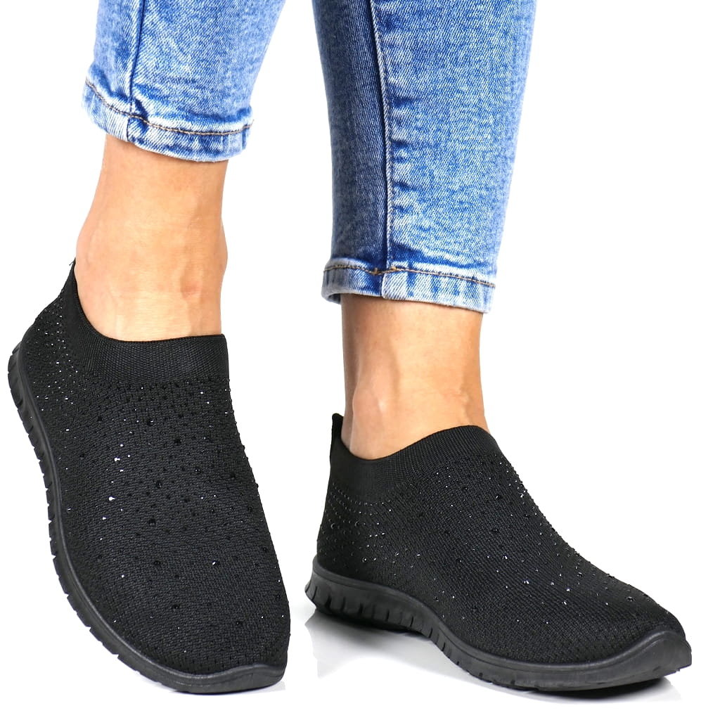 Damskie Buty Sportowe Wsuwane Z Siatki Z Cyrkoniami Ibuty 222 Czarne