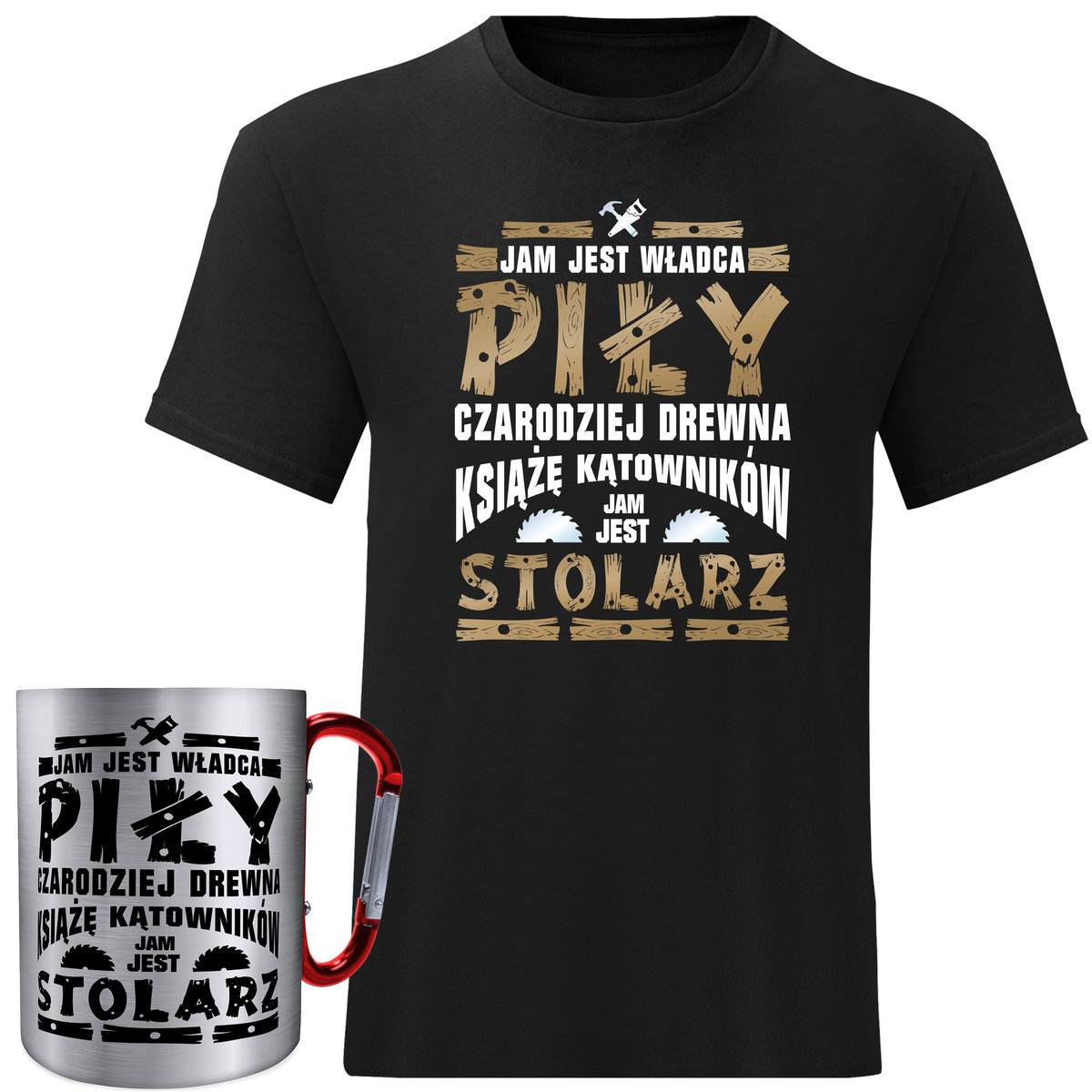 ZESTAW DLA STOLARZA KOSZULKA MĘSKA NA PREZENT STOLARZ L + KUBEK METALOWY KOMPLET