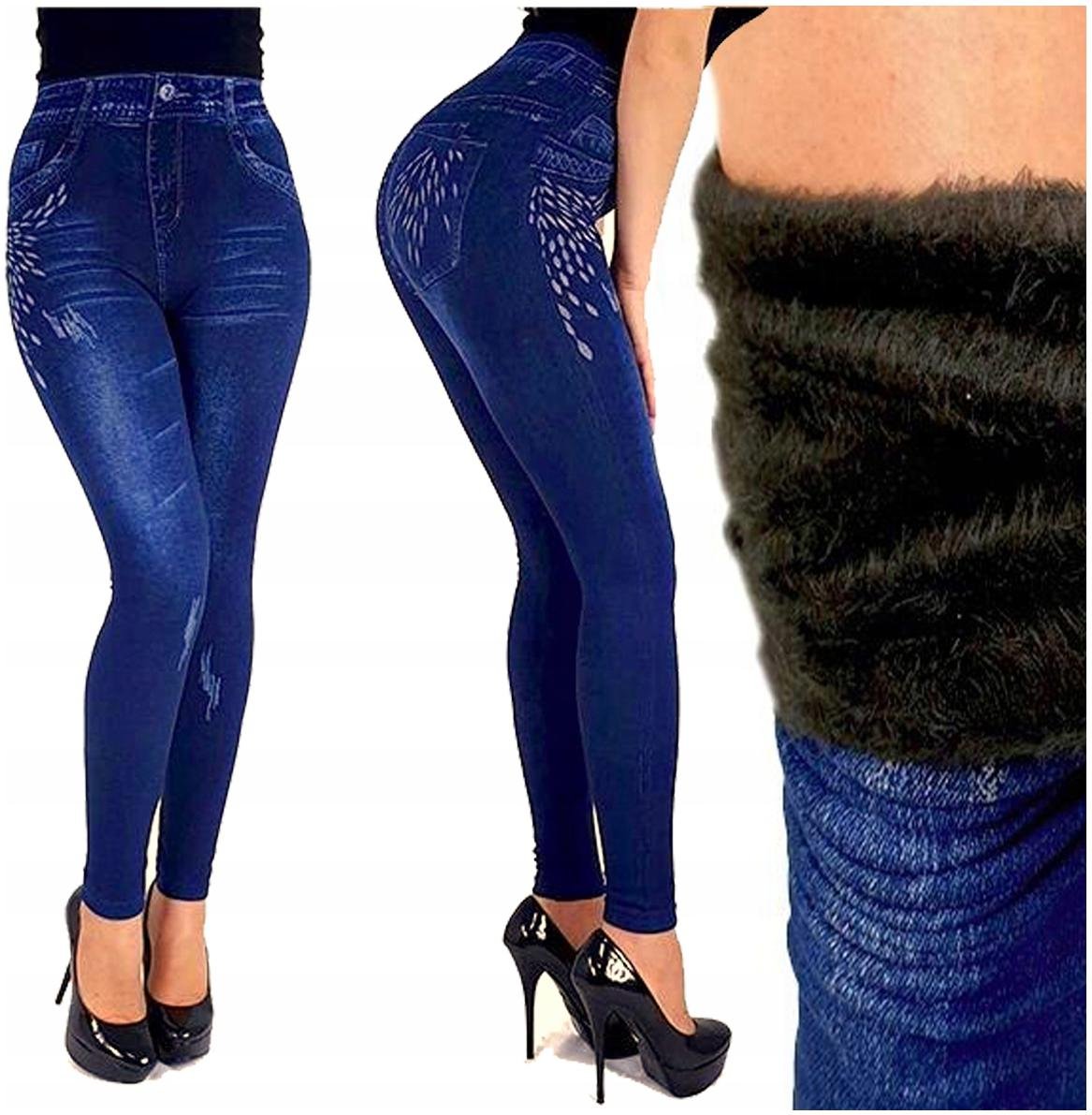 Legginsy Jeans Ocieplane Leginsy Imitacja Damskie Modne Bawełniane Getry