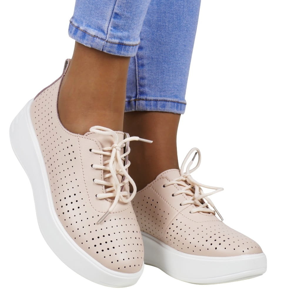 DAMSKIE PÓŁBUTY SNEAKERSY AŻUROWE ZE SKÓRY SZNUROWANE SERGIO LEONE SP018 RÓŻOWE