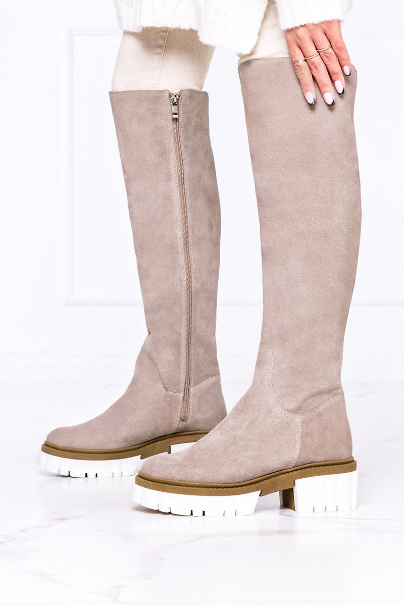 Beżowe kozaki na platformie za kolano POLSKA SKÓRA Casu 2134-39