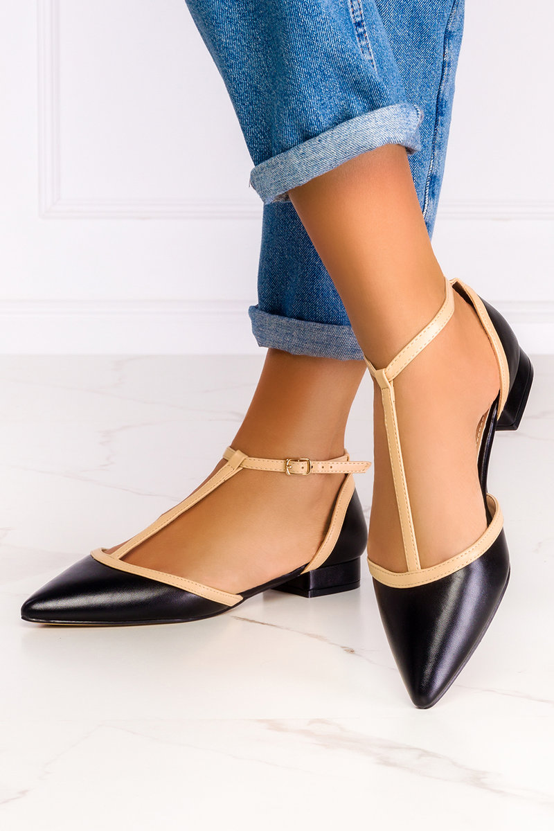 Czarne baleriny damskie t-bar z paskiem wokół kostki Casu D21X12-B-38